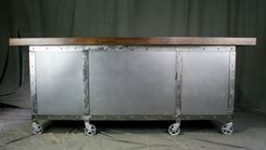 Industrial Kitchen Island W/ Storage. Portable Workstation. Oak Wood Top & Polished Steel. Custom. 4 small