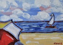Impressionist Original Acrylic Beach Painting, 7" X 5", Sailboat, Umbrella 4 small