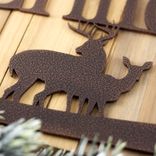 Personalized Rectangular Metal Family Name Plaque with Buck, Doe Deer, and Pine Trees 2 small