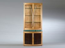 Modern China Cabinet, Art Deco Style Display Cabinet, Quilted Maple, Curved Front, "Levitating" 1 small