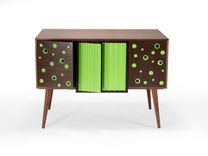 Modern Walnut Credenza, Buffet, Server, Sideboard, Lime Green Doors, Mid Century Style, Peg Legs 2 small