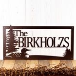 Personalized Rectangular Metal Family Last Name Sign with Lake Loon and Pine Trees 1 small