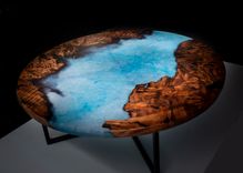 Round Redwood And Blue Epoxy Coffee Table With Powder Coated Steel Base 3 small