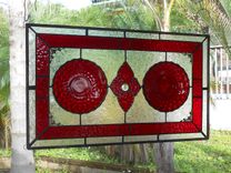 Stained Glass Window Panel, Depression Glass Plate Valance, Ruby Red Bubble 3 small