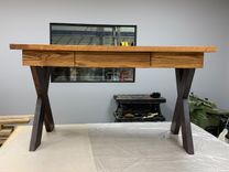 Modern Butcher Block Top Desk With Dovetail Drawer And Cherry Cross Style Legs 2 small