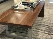 Modern Walnut Waterfall Coffee Table With Glass Shelf And Metal Leg. 3 small
