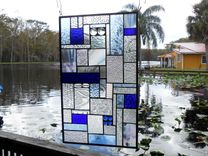 Stained Glass Panel Shades Of Blue Crazy Quilt Patchwork Geometric Stained Glass Window Transom 3 small