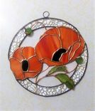 Orange Poppies - Round Stained Glass Panel/ Sun Catcher With 3d Leaves And Buds 1 small