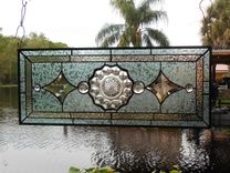 1930s Heisey Depression Glass Stained Glass Panel, Vintage Window Transom W Peerless Plate 6 small
