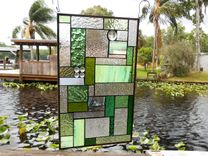 Stained Glass Patchwork Quilt Window Panel, Geometric Stained Glass Transom Window, Shades Of Green 8 small