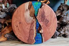 24" Eucalyptus Burl + Black Sea Dichroic Inlay In Clear Resin Table Centerpiece/Wall Art 1 small