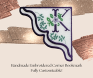 Handmade Embroidered Corner Bookmark: Antique Violet Monogram On Felt 1 small