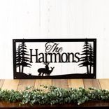 Personalized Rectangular Metal Family Name Plaque with Buck, Doe Deer, and Pine Trees 3 small