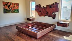 Redwood Burl Headboard W/ Floating Walnut+Redwood Nightstand Cabs, King Bed Frame Walnut+Padauk 3 small