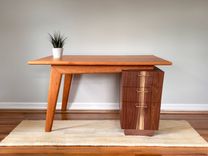 Handcrafted Cherry & Walnut 3 Drawer Wooden Desk, Custom Mid Century Modern Wood Desk, Solid Wood with Sleek Legs and Dovetail Drawers 1 small