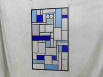 Stained Glass Panel Shades Of Blue Crazy Quilt Patchwork Geometric Stained Glass Window Transom 2 small