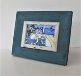 Original Acrylic Cat Painting, 8 1/2' X 7", Beach Art Canvas, Distressed Blue And White Frame 2 small