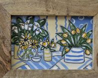 Framed Original Still Life Painting, Shabby Rustic Wood Frame, 11" X 9" 3 small