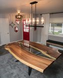 Live Edge Dining Table, Bookmatched Mesquite W/ Glass Inlay 1 small