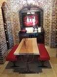 Live Edge Pecan Wine Tasting Table And Authentic Leather Covered Benches 1 small