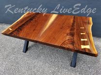 Modern Live Edge Walnut Coffee Table- Natural Dark Wood- Black Steel Legs- X Style Bases 1 small