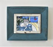 Original Acrylic Cat Painting, 8 1/2' X 7", Beach Art Canvas, Distressed Blue And White Frame 1 small