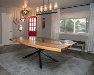 Live Edge Dining Table, Bookmatched Mesquite W/ Glass Inlay 3 small