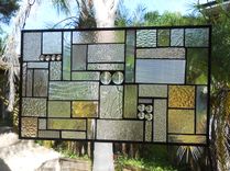Traditional Geometric Patchwork Quilt Stained Glass Transom, Peach, Cinnamon, Champagne Textures 6 small