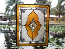 Vintage Look Stained Glass Window Panel, Neutral Champagne & Beveled Glass Transom Window 1 small