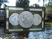 Depression Glass Pineapple And Floral Stained Glass Window, Antique Plate Panel, Window Valance 5 small