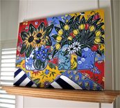 Original French Country Acrylic Still Life Painting, 40" X 30" 3 small