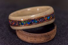 Black Fire Opal & Space Titanium Opal Mix With Two Copper Inalys In Steam Bentwood Maple Ring 2 small