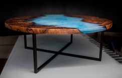 Round Redwood And Blue Epoxy Coffee Table With Powder Coated Steel Base 2 small