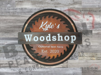 16in Round Wood Sign With Metal Sawblade. Rusted Steel Sawblade. Personalized Woodshop Sign. 1 small