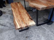 Live Edge Solid Spalted Pecan And Cherry Dining Table And Benches With Industrial Metal Legs 3 small