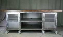 Industrial Kitchen Island W/ Storage. Portable Workstation. Oak Wood Top & Polished Steel. Custom. 3 small