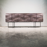 Credenza Modern Faceted Front, Steel Base, Gray Curly Maple Wood, Sideboard, Buffet, Server 1 small