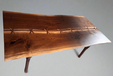 Handmade Walnut Live Edge Dining Table with Stitched River Design, Solid Wood Mid Century Modern 4 small