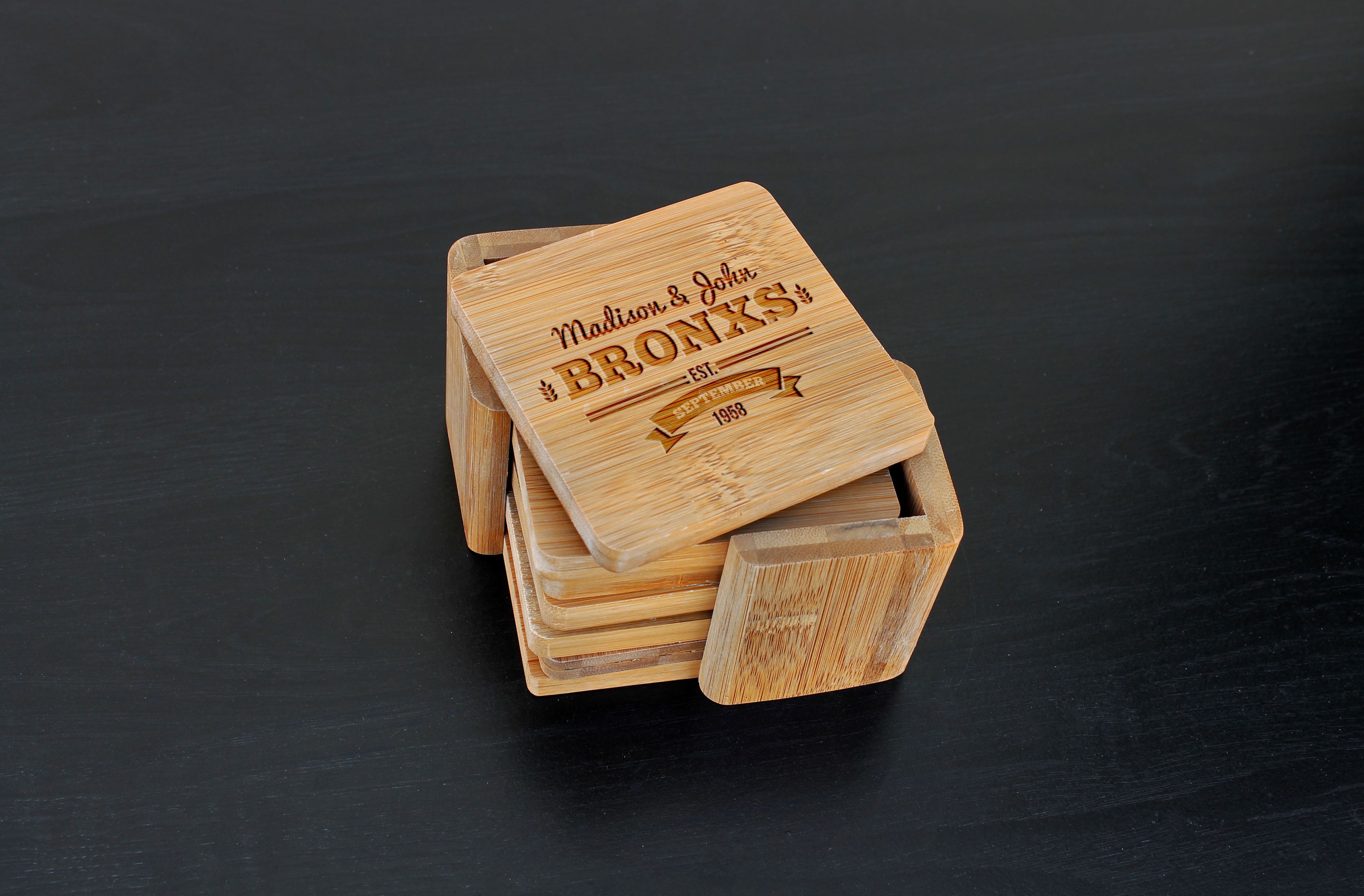 Custom Bamboo Coasters, Custom Engraved Coasters --Cst-Bam-Bronx
