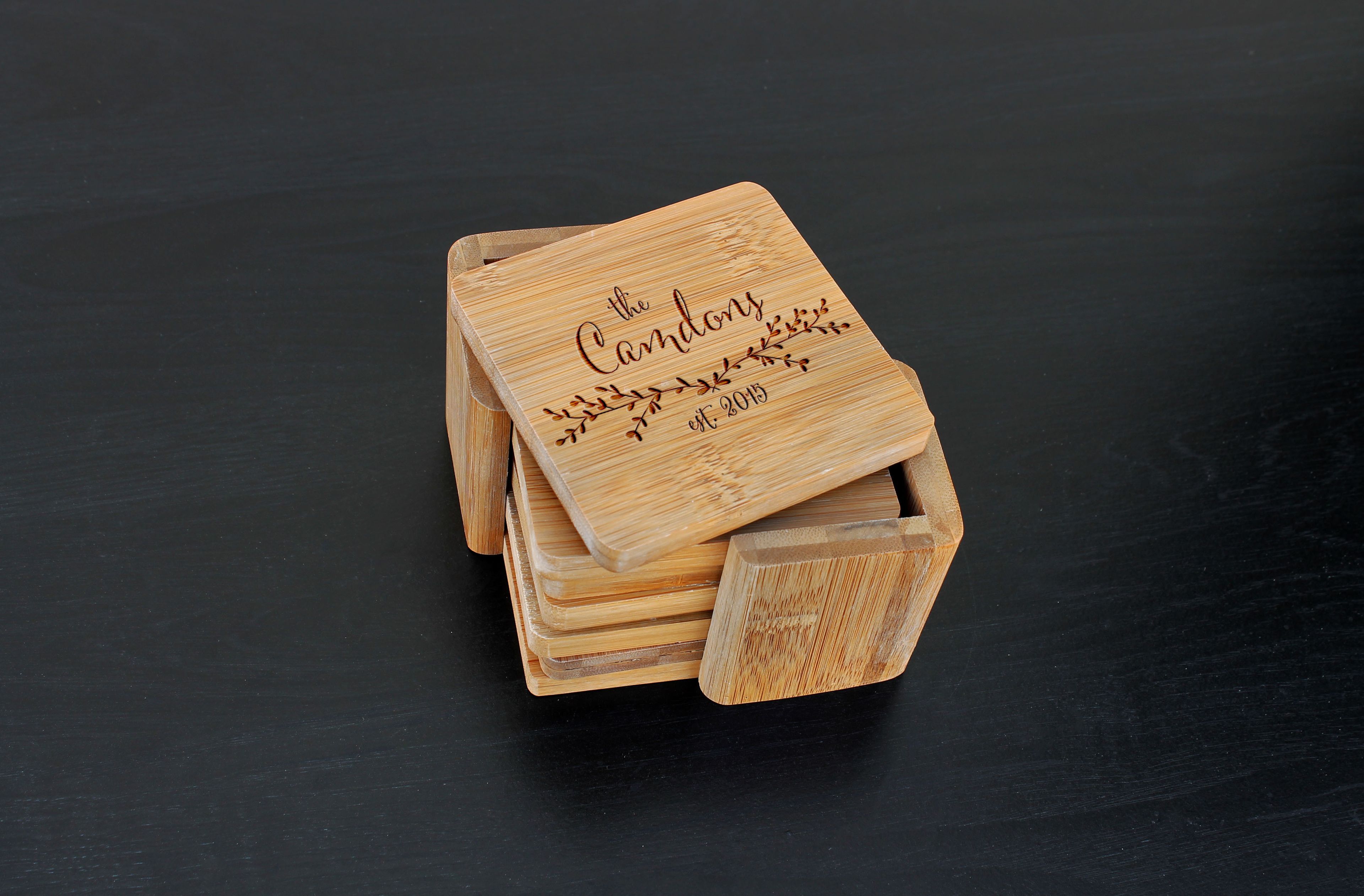 Custom Bamboo Coasters, Custom Engraved Coasters --Cst-Bam-Camdons