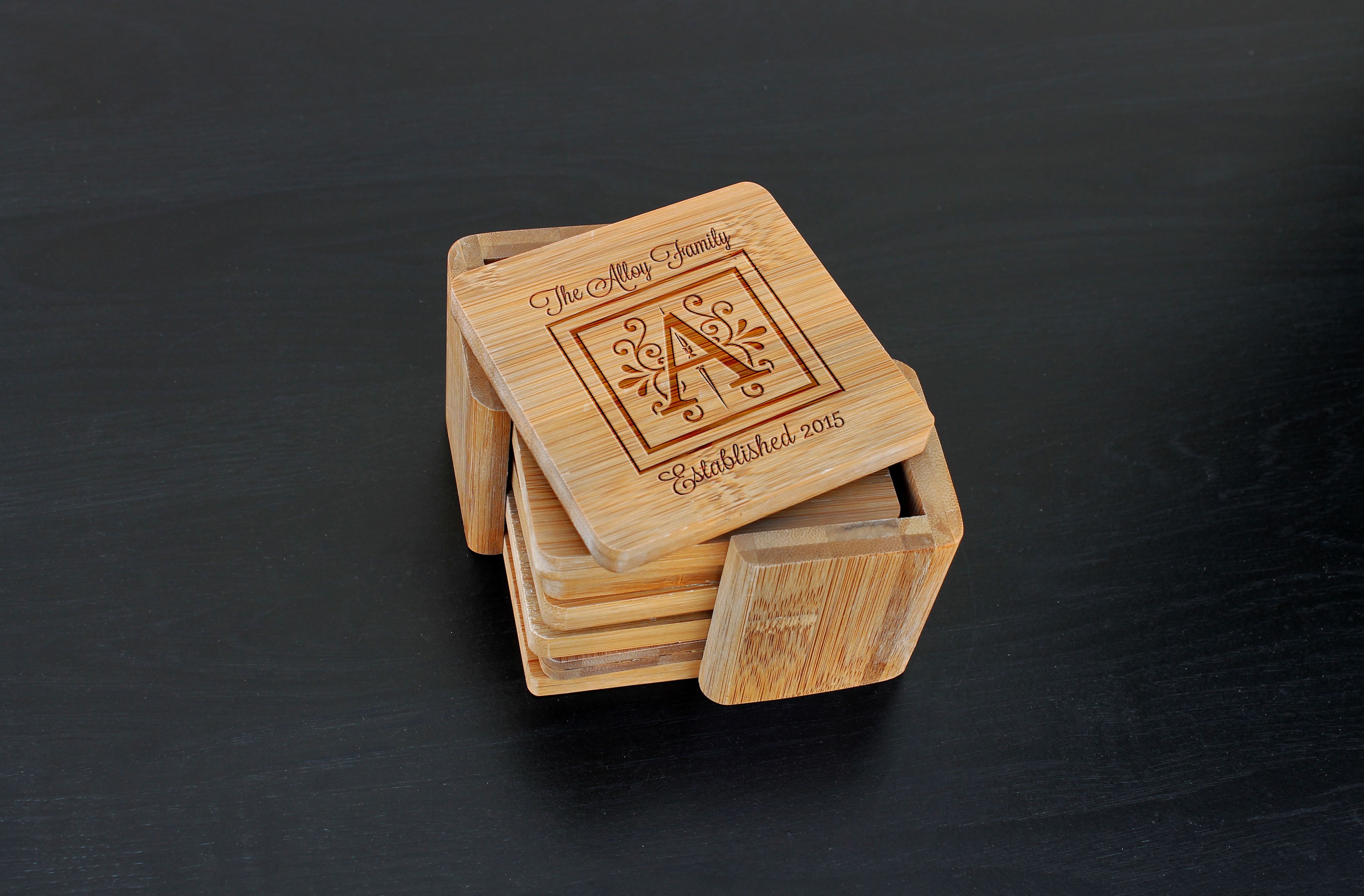 Custom Bamboo Coasters, Custom Engraved Coasters --Cst-Bam-Alloy