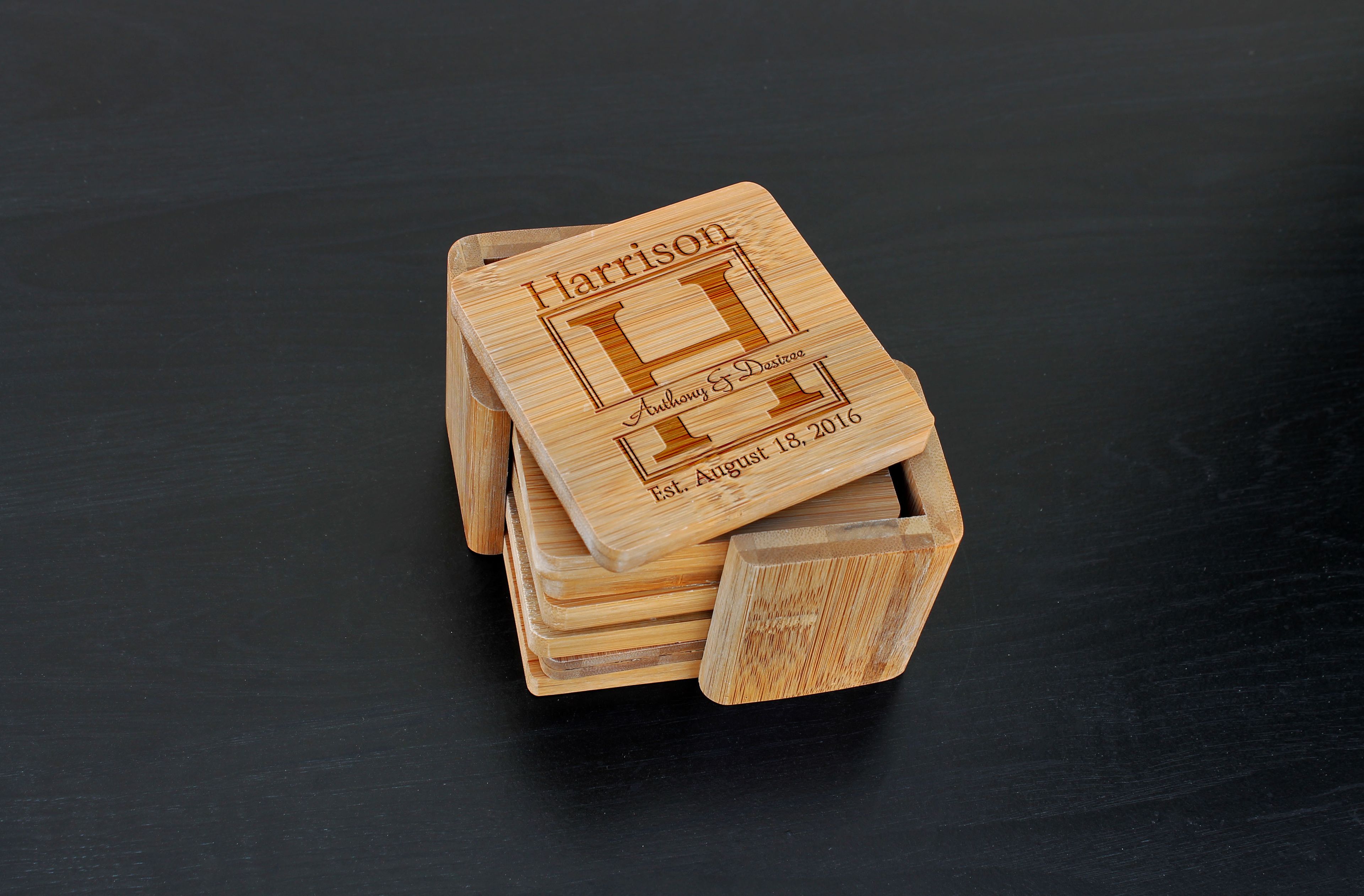 Custom Bamboo Coasters, Custom Engraved Coasters --Cst-Bam-Harrison
