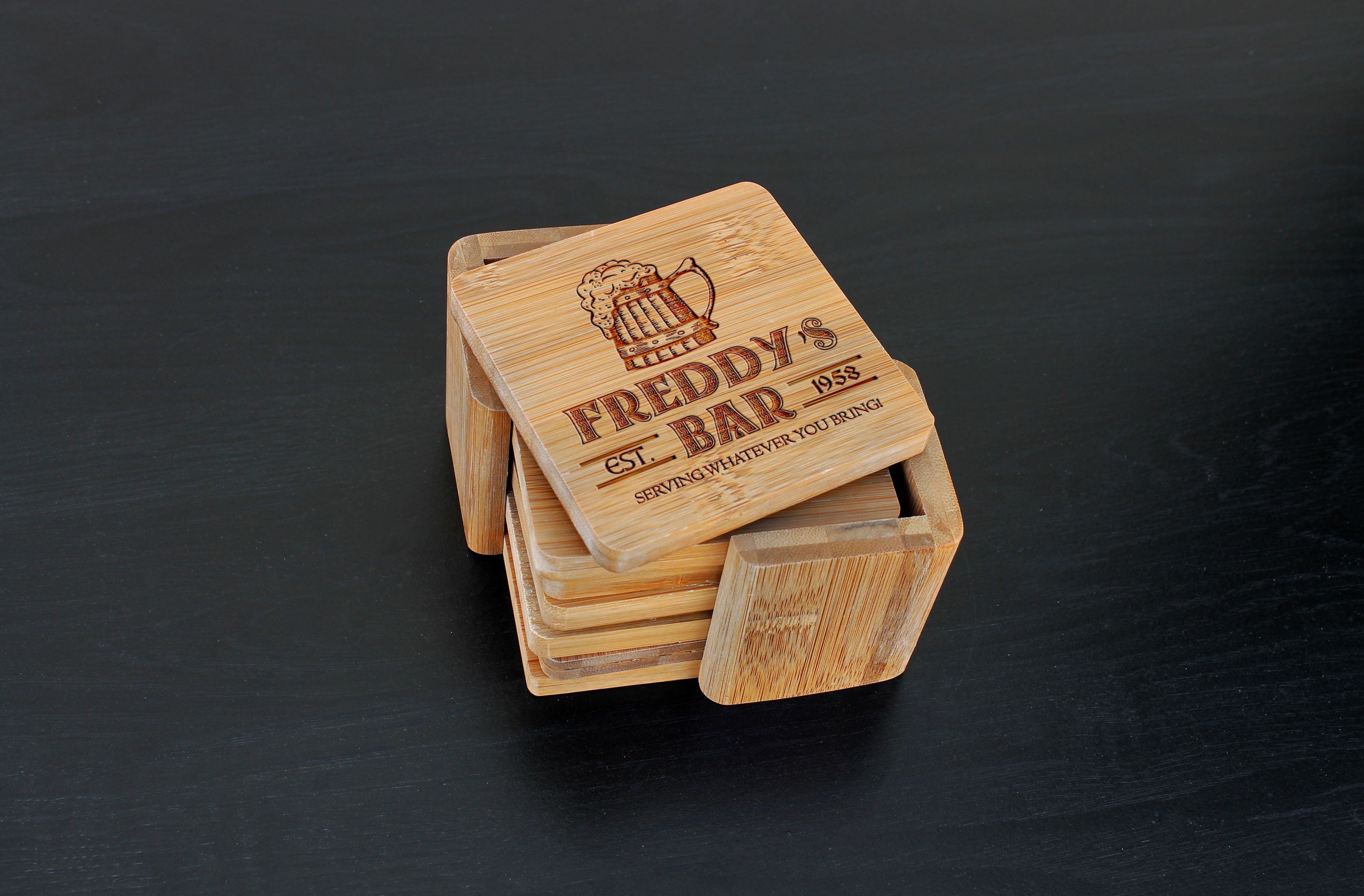 Custom Bamboo Coasters, Custom Engraved Coasters --Cst-Bam-Freddys Bar Beer