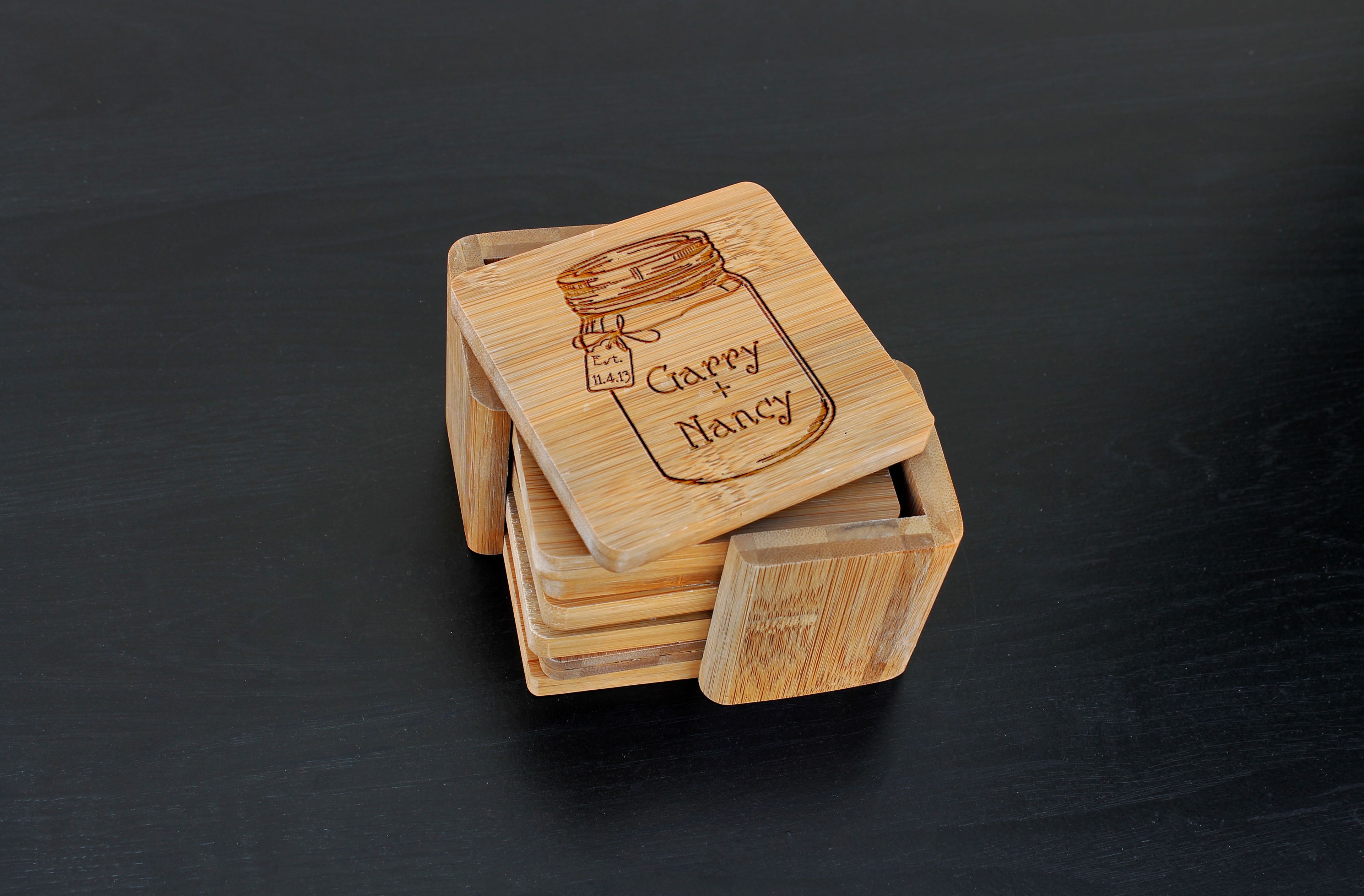 Custom Bamboo Coasters, Custom Engraved Coasters --Cst-Bam-Gary Nancy Mason Jar