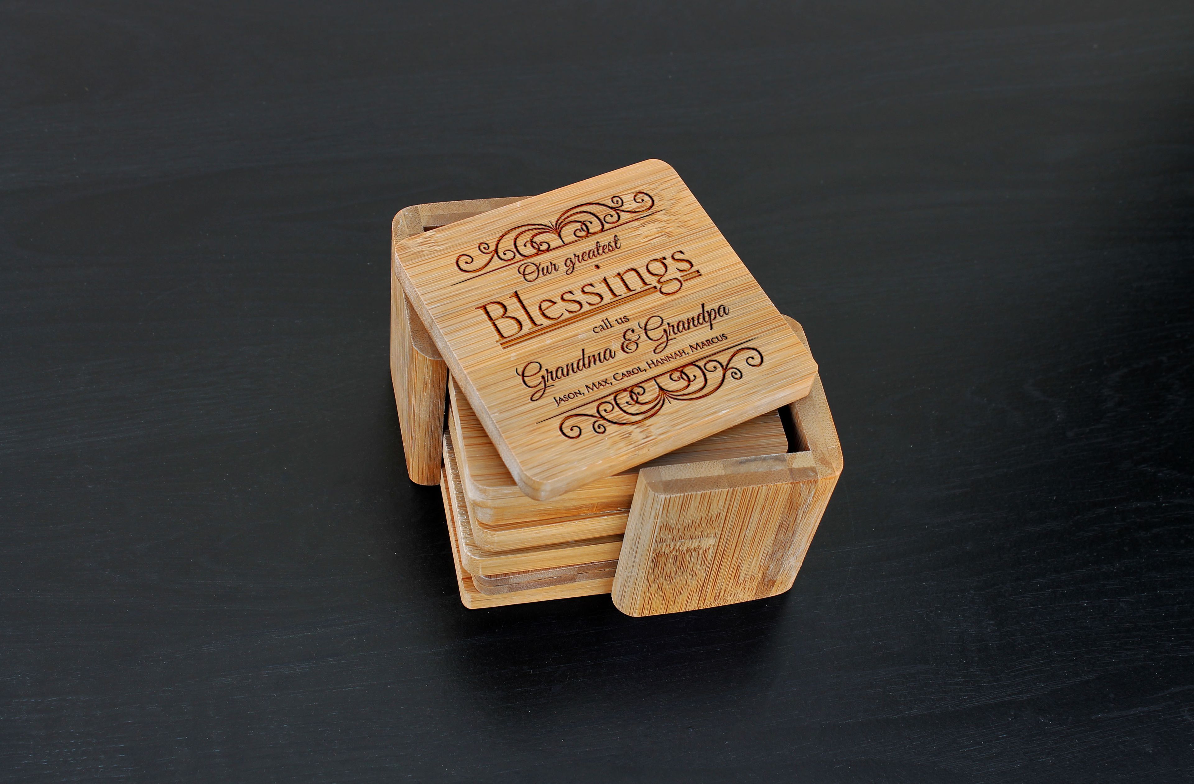 Custom Bamboo Coasters, Custom Engraved Coasters --Cst-Bam-Greatest Blessings Grandma Grandpa