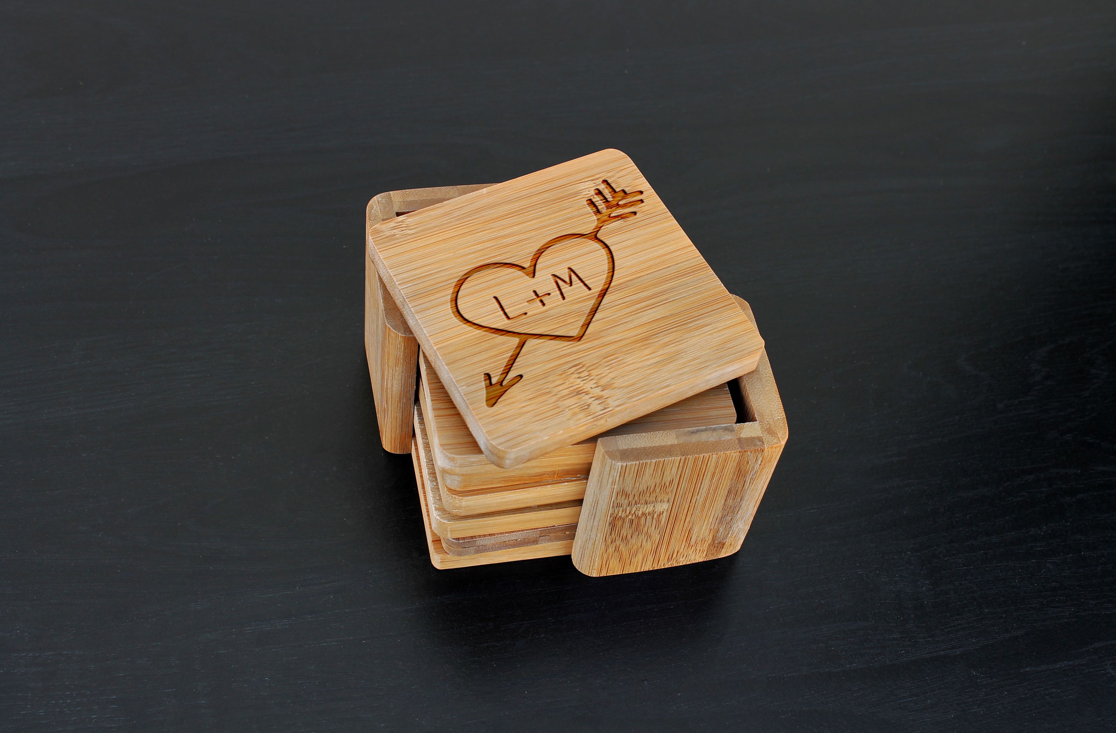 Custom Bamboo Coasters, Custom Engraved Coasters --Cst-Bam-Heart Initials