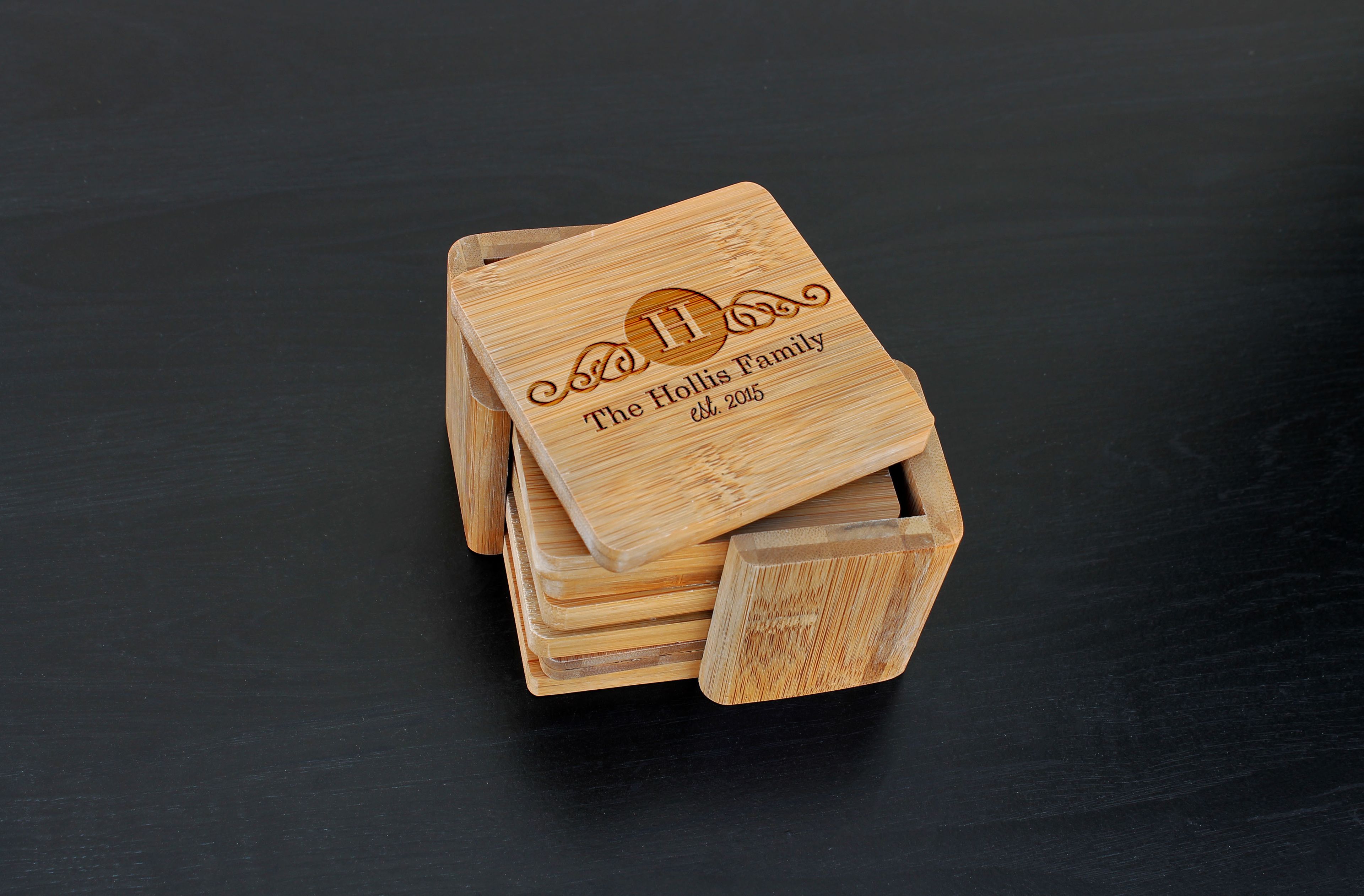 Custom Bamboo Coasters, Custom Engraved Coasters --Cst-Bam-Hollis Family