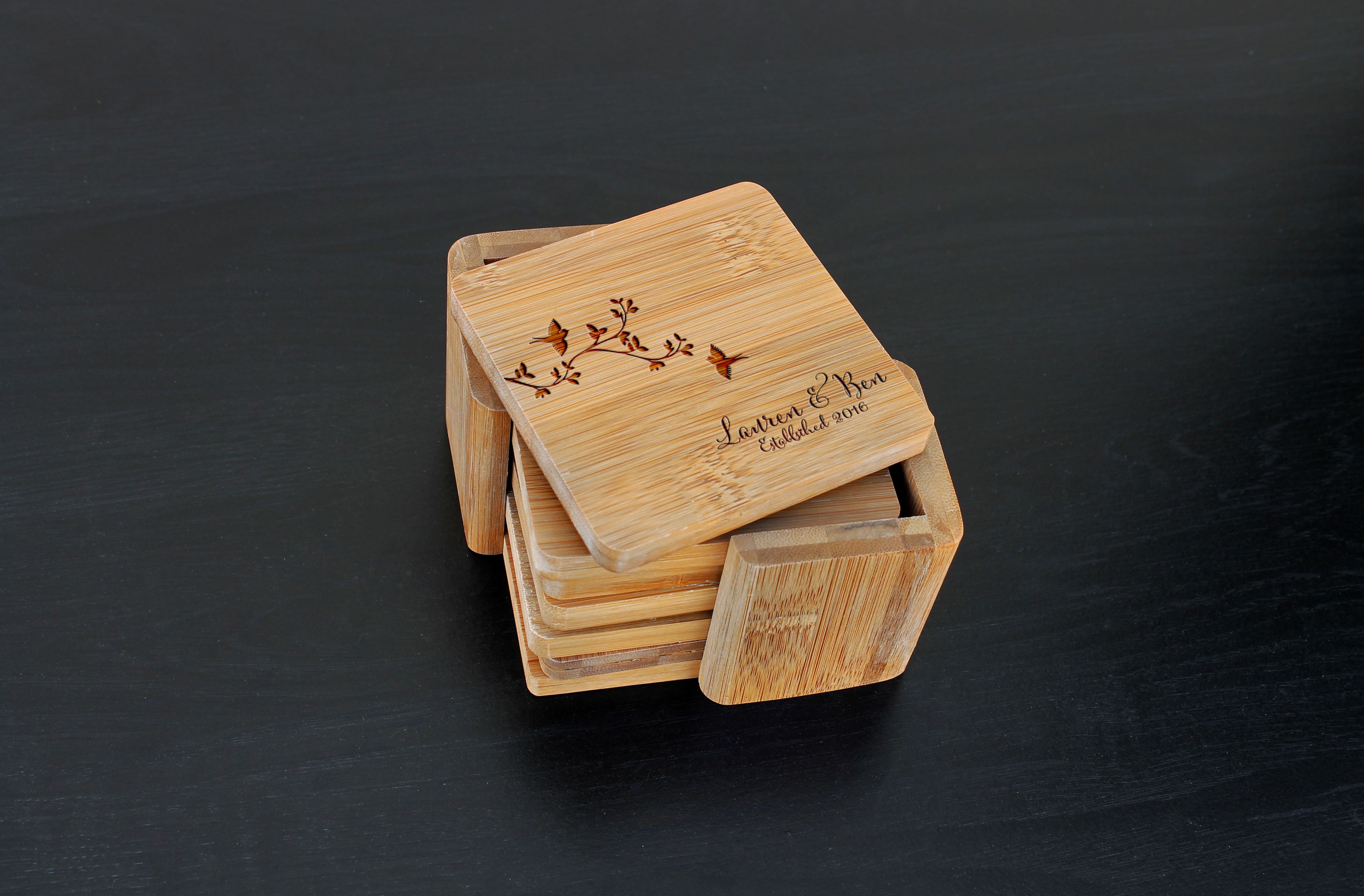 Custom Bamboo Coasters, Custom Engraved Coasters --Cst-Bam-Lauren Ben