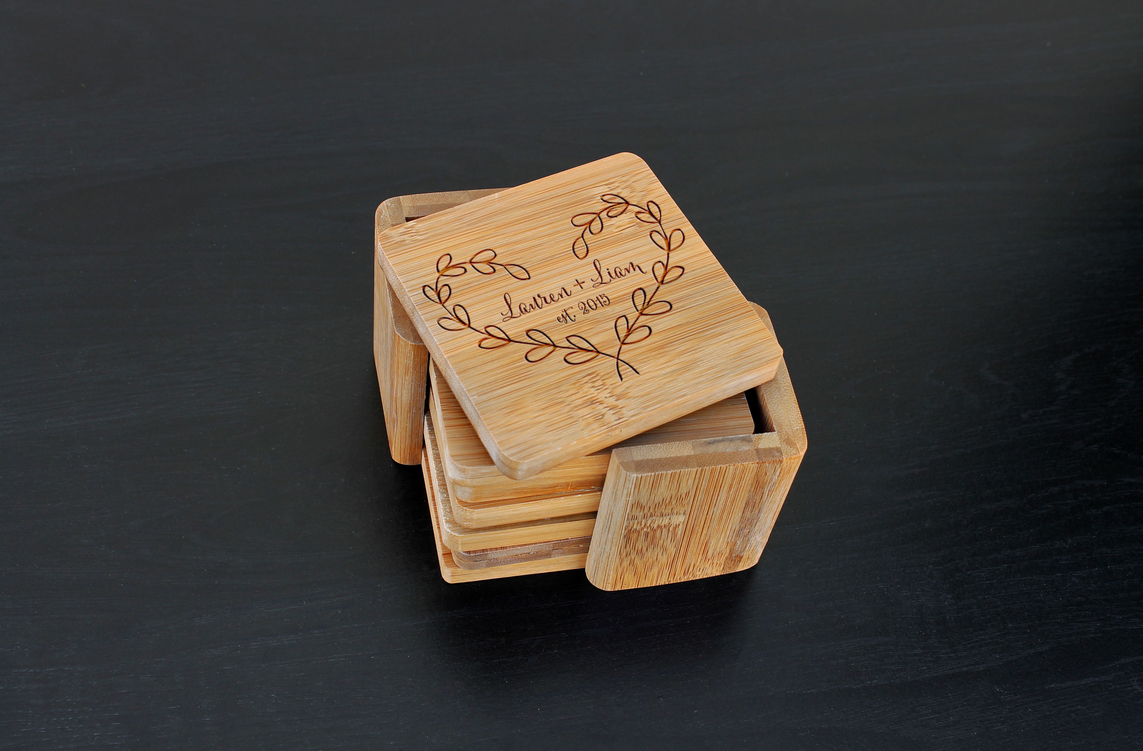 Custom Bamboo Coasters, Custom Engraved Coasters --Cst-Bam-Lauren Liam