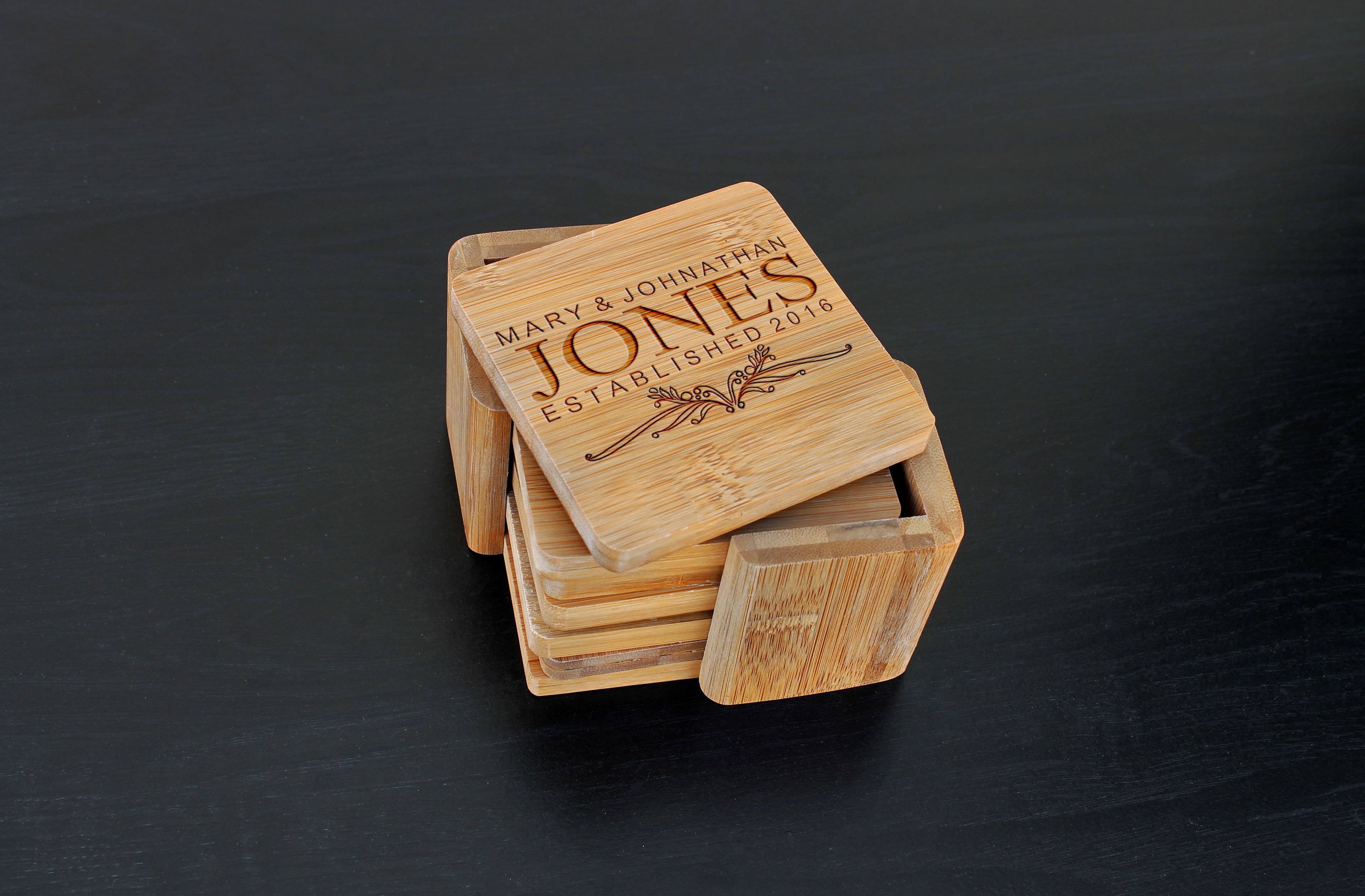Custom Bamboo Coasters, Custom Engraved Coasters --Cst-Bam-Mary Johnathan Jones